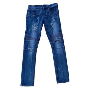 Kilogram Mens Blue Distressed Ripped Slim Fit Stretch Biker Moto Jeans Size 30